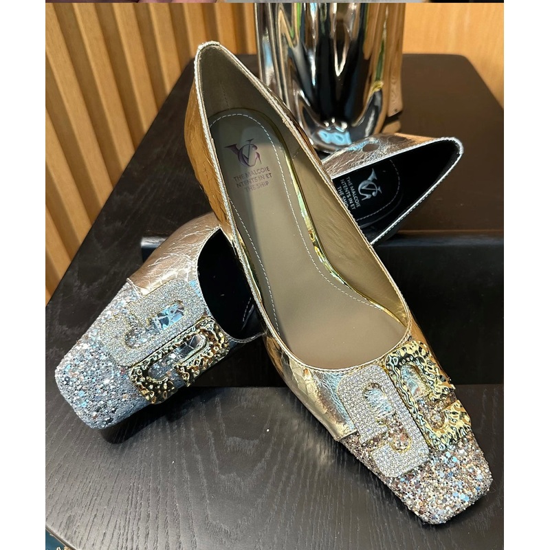 Gold Zircon Splicing Chic Chunky High Heels Square Toe