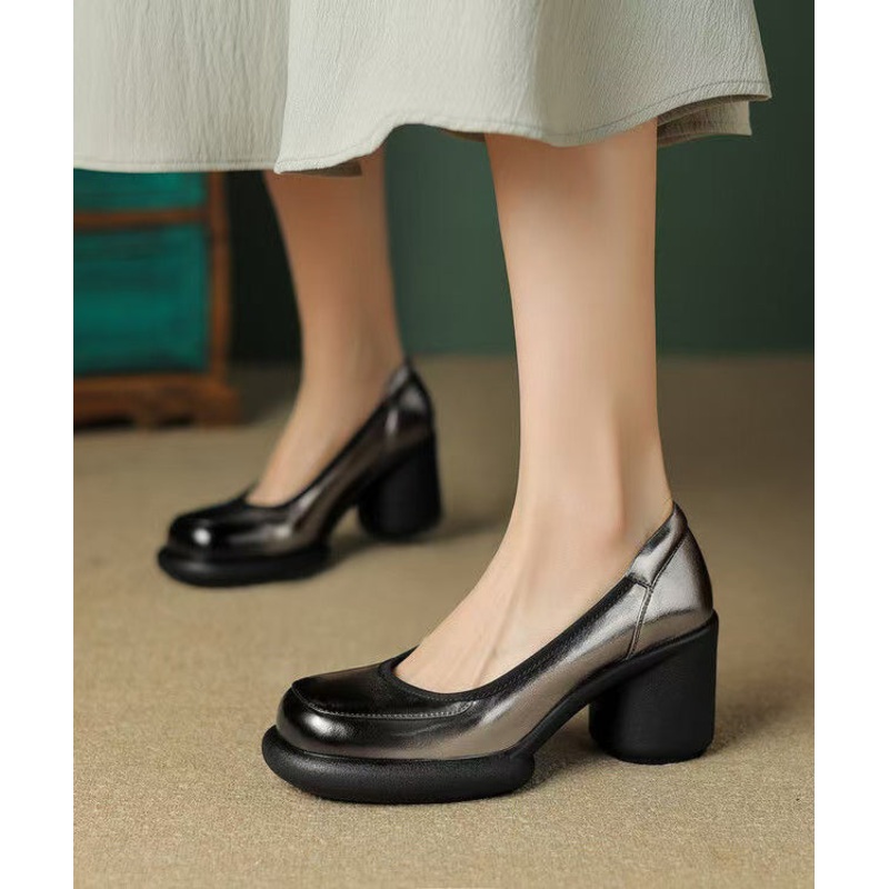New Cowhide Leather Splicing Dark Grey Chunky Heel High Heels