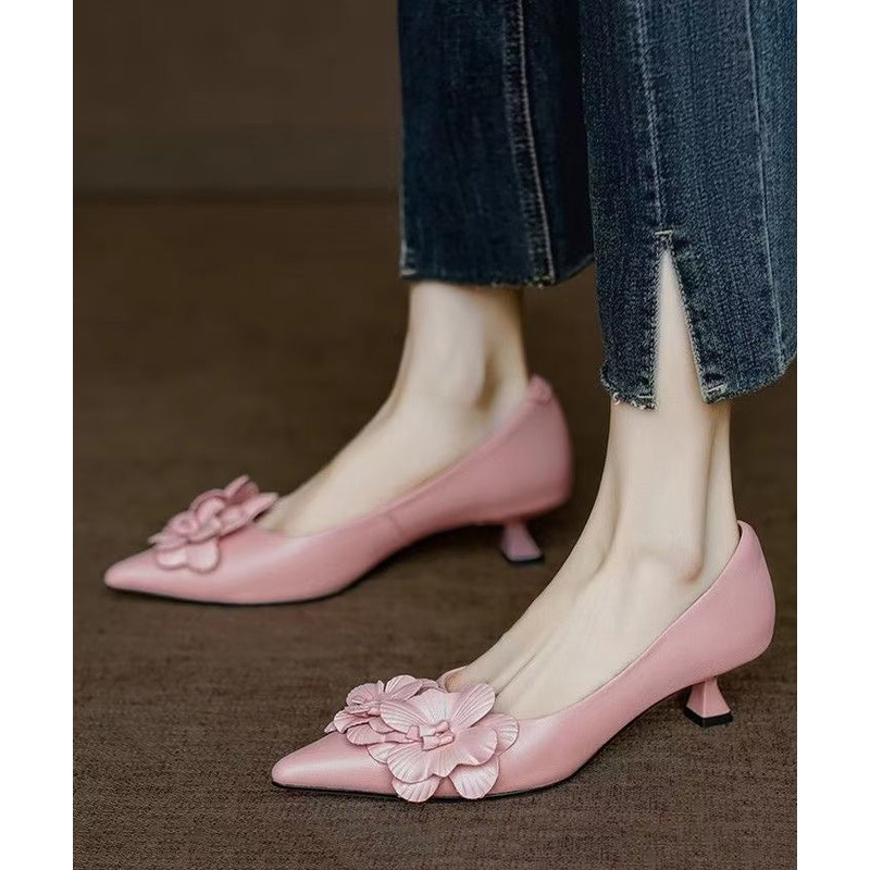 Pink High Heel Pointed Toe Sheepskin Unique Splicing Floral