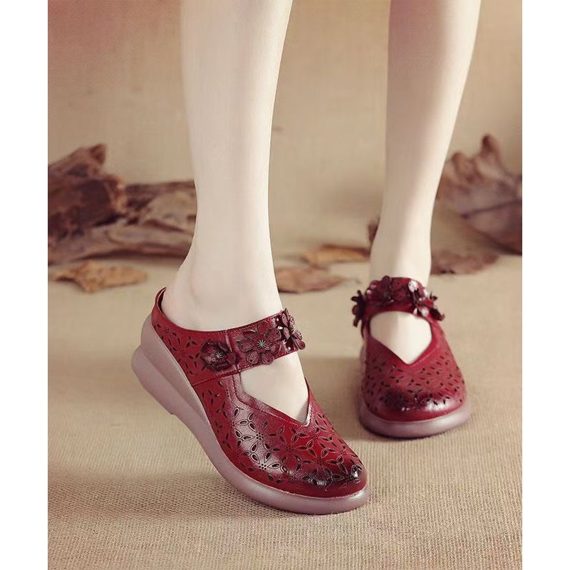 Red Wedge Cowhide Leather New Splicing Slide Sandals Hollow Out
