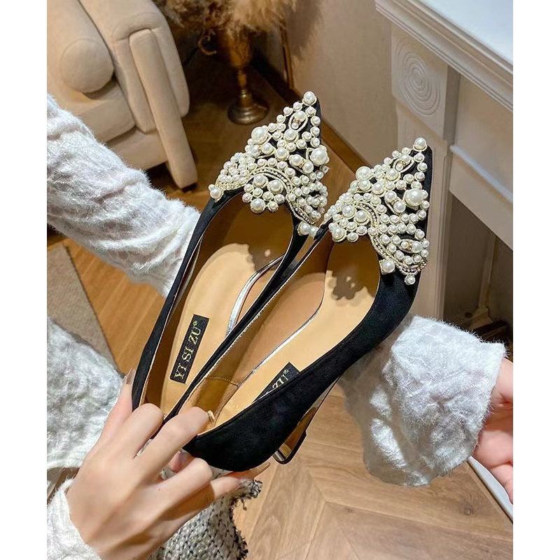 Suede Wedge Heels Shoes Splicing Black Pointed Toe Nail Bead