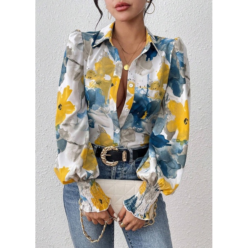 Unique Blue Button Print Cotton Blouses Spring