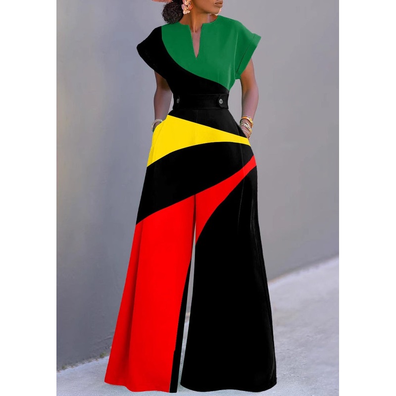 Unique Rainbow Striped V Neck Jumpsuit Short Sleeve