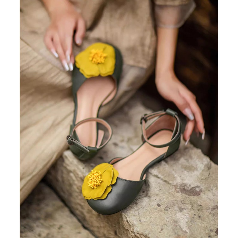 Vintage Green Flat Sandals Splicing Floral Buckle Strap