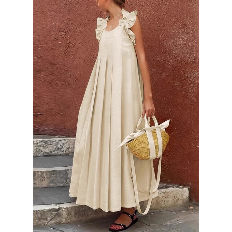 Women Apricot Ruffled Solid Cotton Long Dress Sleeveless