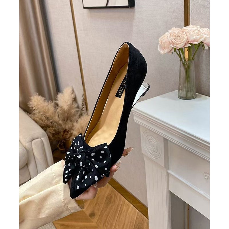 Women Bow Splicing Wedge Shoes Black Suede Pointed Toe