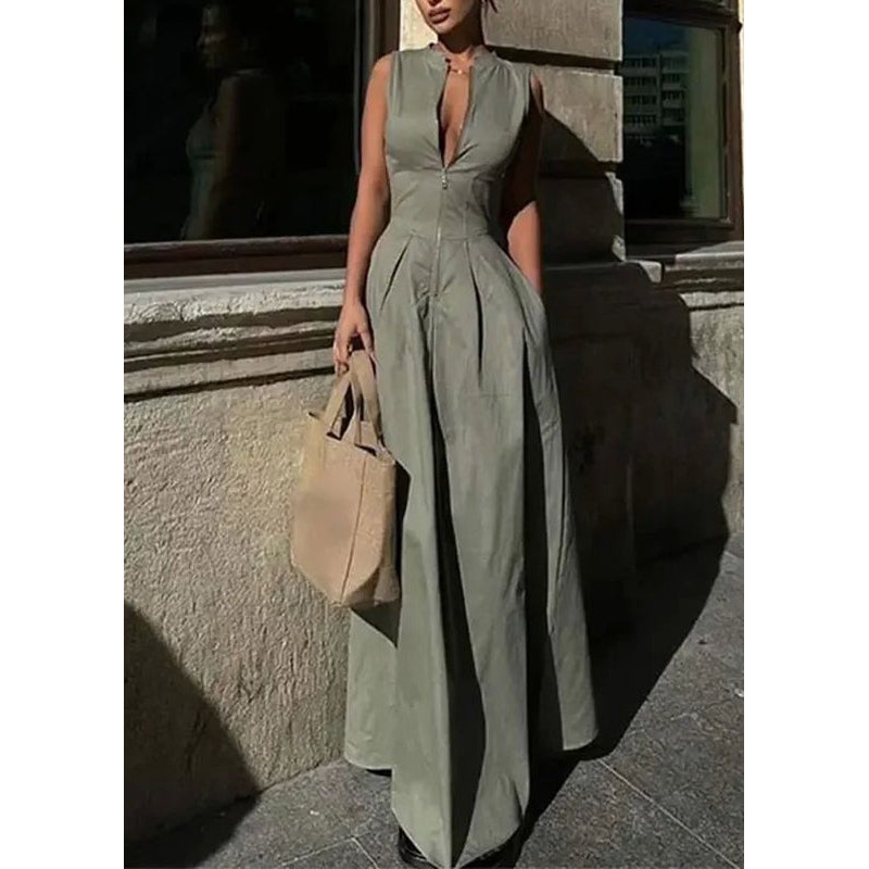 Women Green Round Collar Sleeveless Pleated Slim Maxi Dress