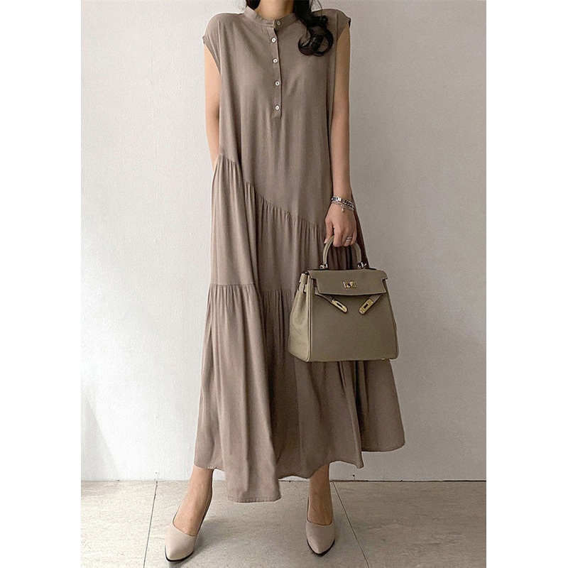Women Khaki Wrinkled Button Pockets Cotton Long Dress Summer