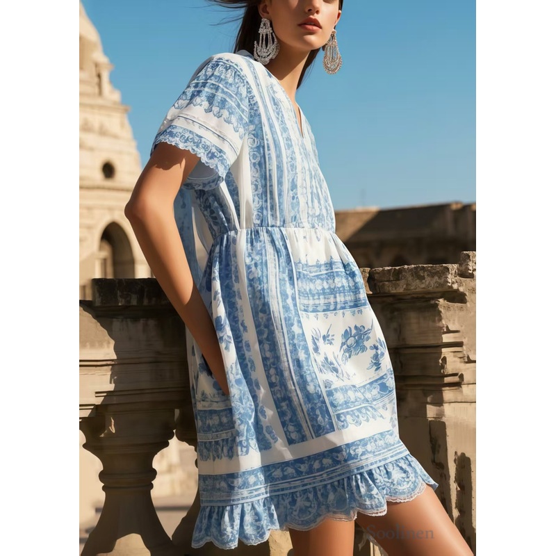 Art Blue V Neck Print Cotton Vacation Dress Summer