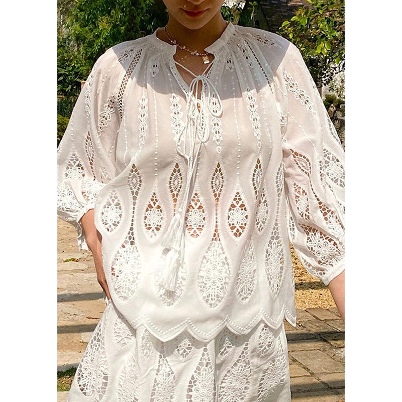 Art White Embroidered Hollow Out Cotton Shirt Summer