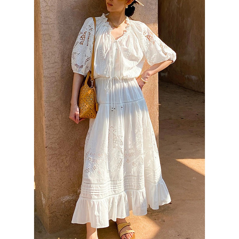 Art White Ruffled Hollow Out Cotton Shirts And Skirts Two Pieces Set Half Sleeve