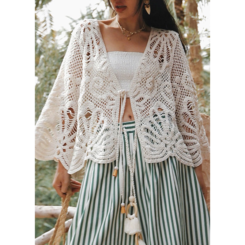 Bohemian Beige V Neck Tie Lace Holiday Tops Batwing Sleeve