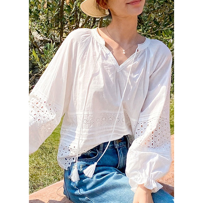 Boho White Hollow Out Lace Up Cotton Shirt Butterfly Sleeve