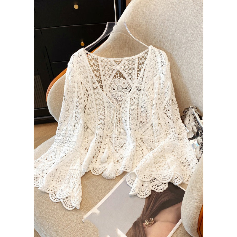 Brief White V Neck Hollow Out Lace Shirt Spring