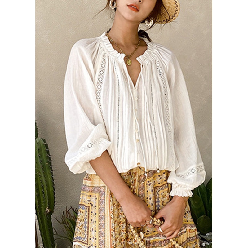 Brief White V Neck Wrinkled Cotton Shirts Lantern Sleeve