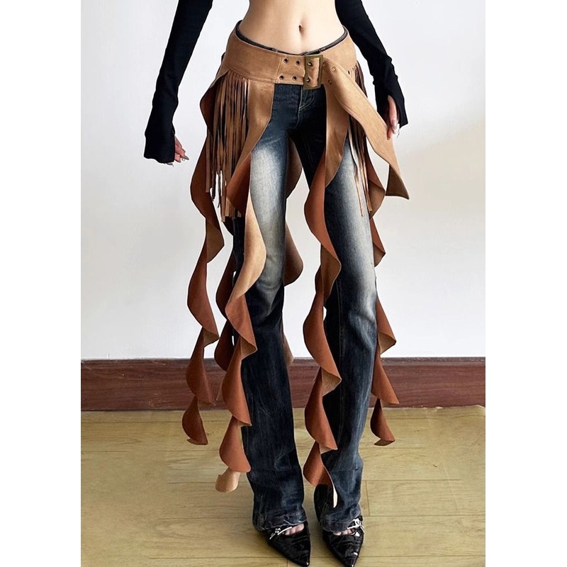 Chic Brown Patchwork Wavy Line Tassel Ribbon Sashes Skirt