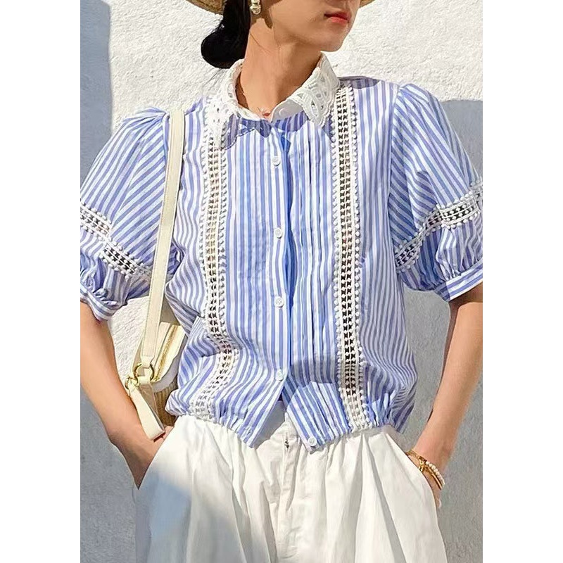 Fashion Blue Striped Hollow Out Cotton Blouses Summer