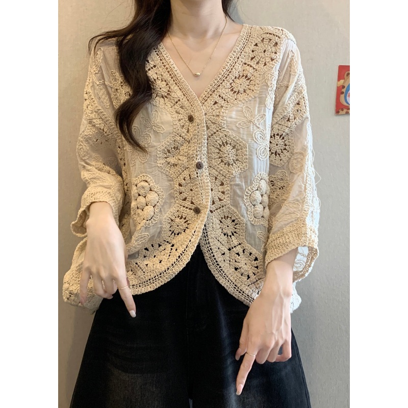 Handmade Apricot V Neck Hollow Out Button Cardigan Spring