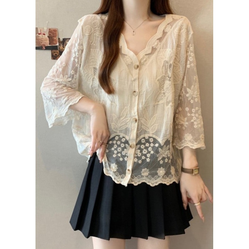 New Apricot Embroidered Button Cotton Shirts Bracelet Sleeve