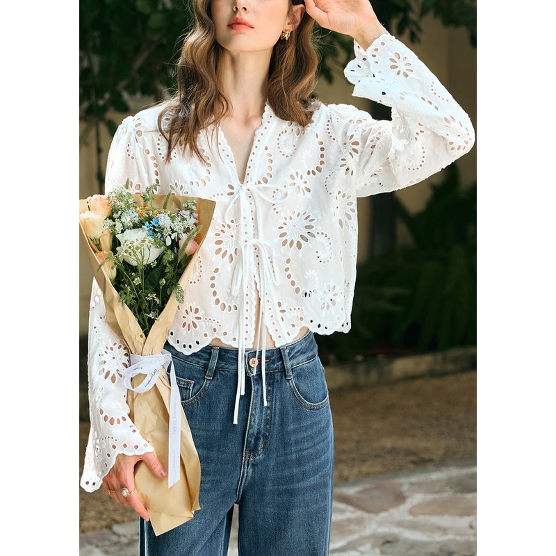 Stylish White V Neck Lace Up Hollow Out Cotton Shirt Spring