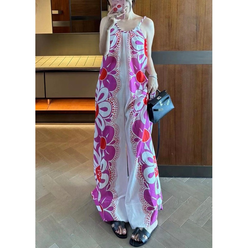 Unique Purple Print Spaghetti Strap Jumpsuits Sleeveless