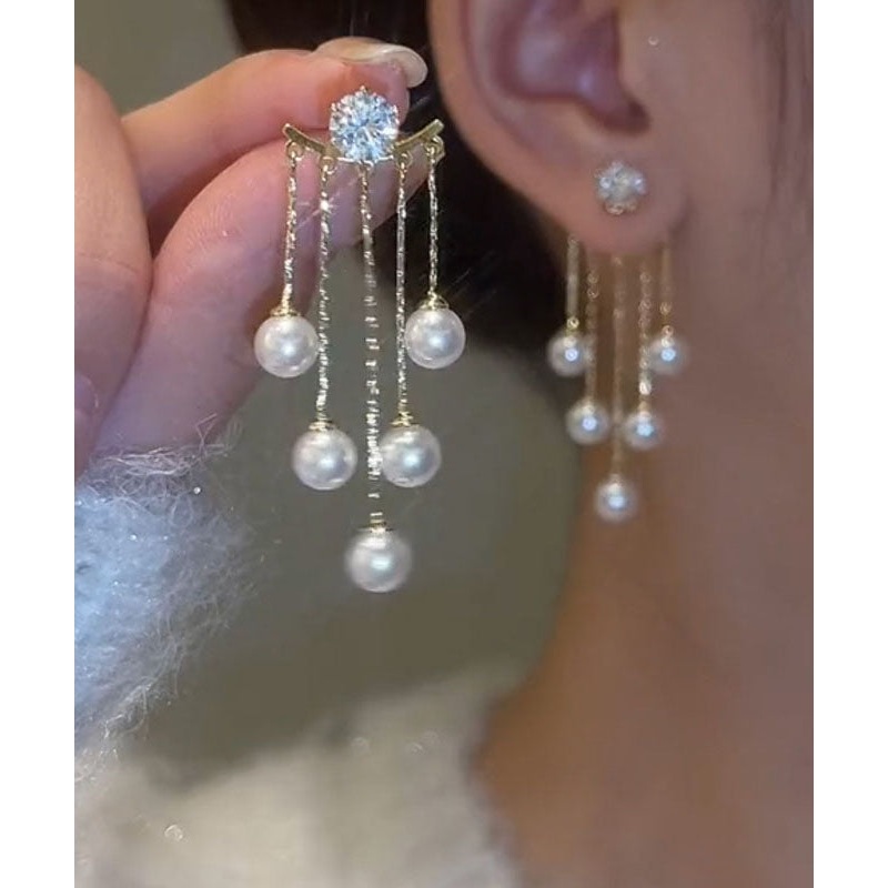 Vogue Gold Copper Alloy Pearl Tassel Drop Earrings