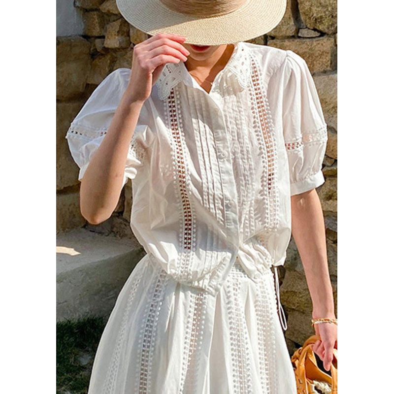 White Hollow Out Cotton Summer Shirts Peter Pan Collar
