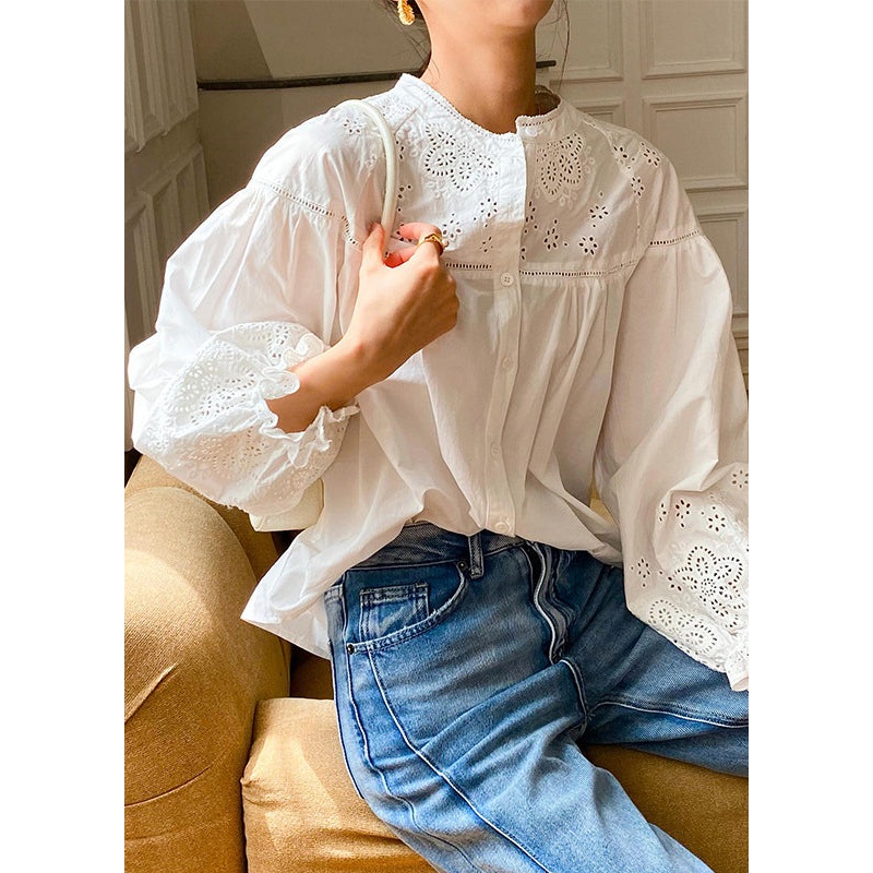 White Hollow Out Loose Cotton Blouse Embroidered Butterfly Sleeve