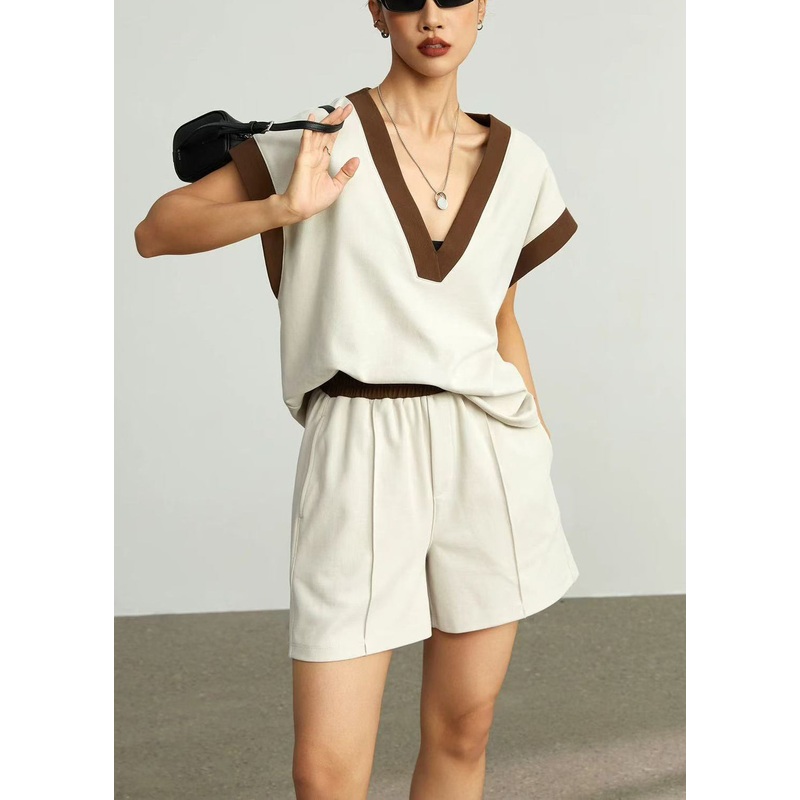Women Coffee V Neck Elastic Waist Cotton Two Pieces Set Summer