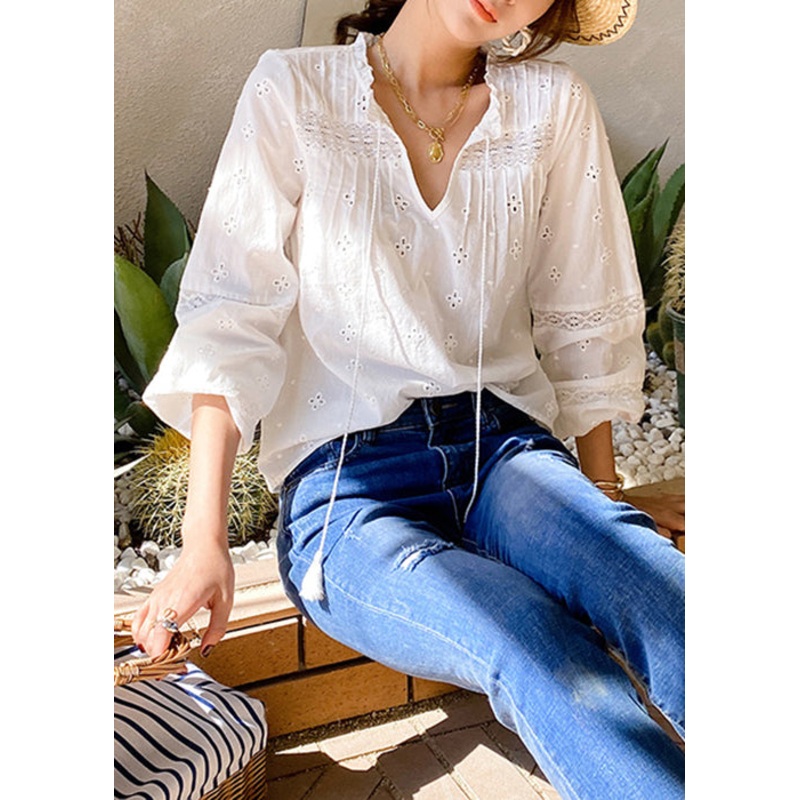 Women White Ruffled Hollow Out Lace Up Cotton Shirt Spring