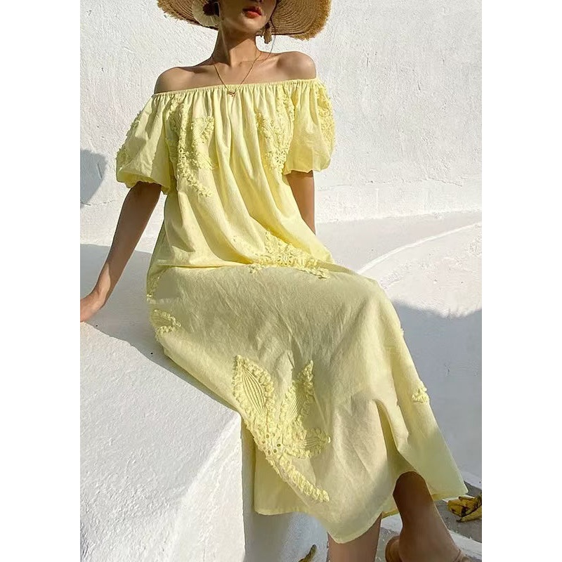 Yellow Embroidered Pockets Cotton Long Dresses Slash Neck Summer