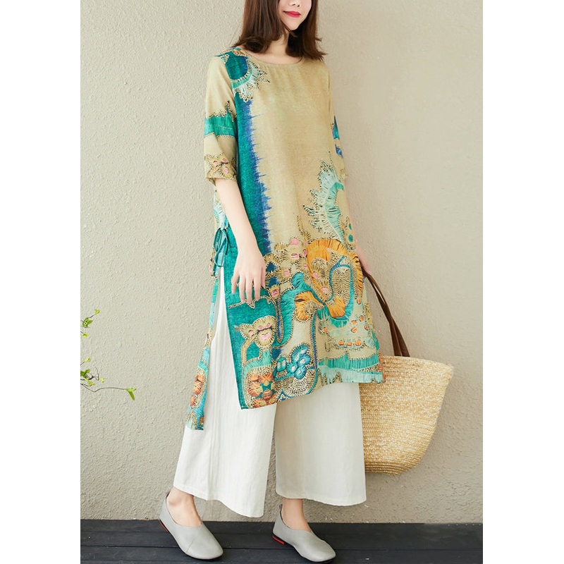 Women Green Oversized Print Linen Dress Summer