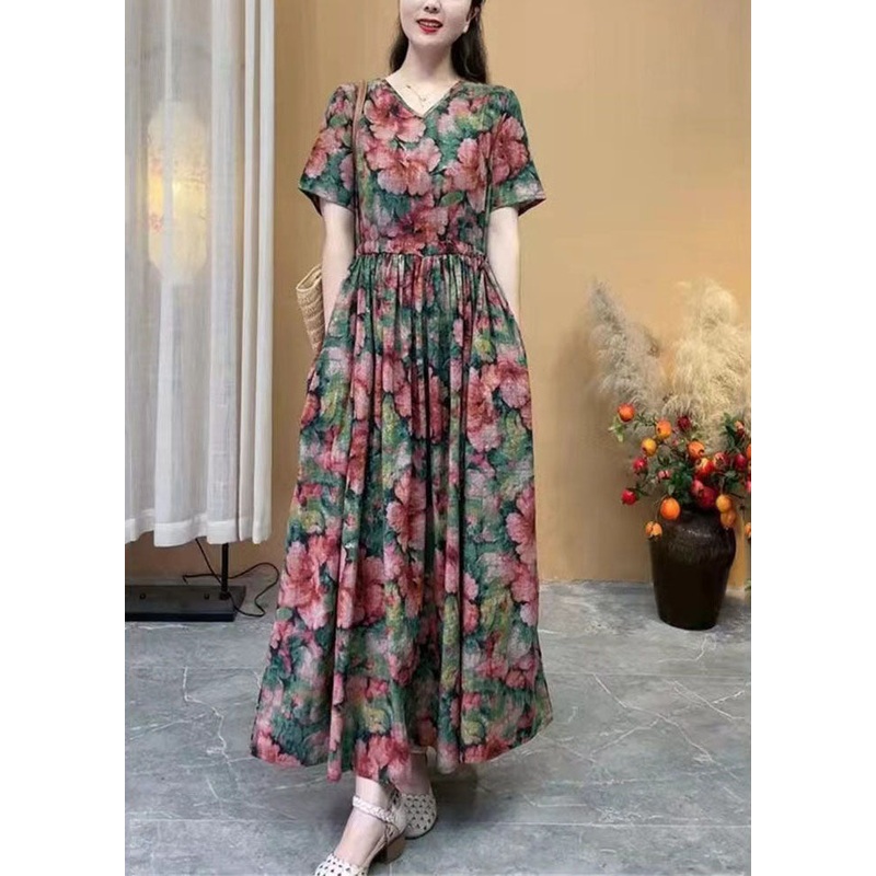 Women Rose Floral Cotton Long Dress Cinched Summer