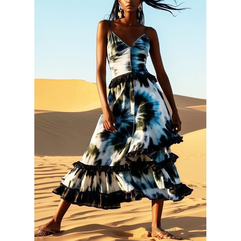 Women Ruffled Patchwork Tie Dye Cotton Cami Dress Summer