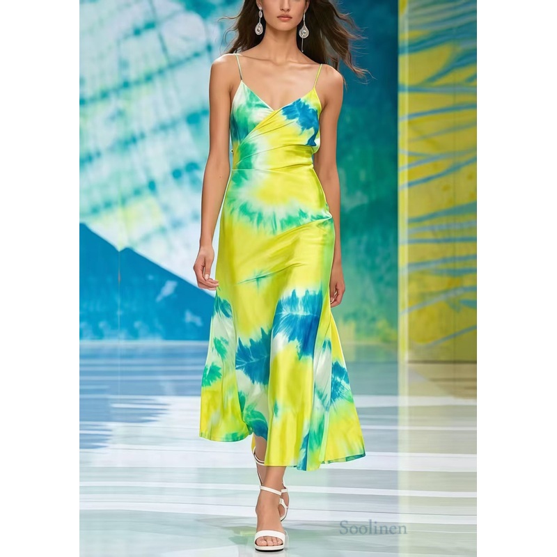 Women Yellow Tie Dye Chiffon Cami Dress Summer