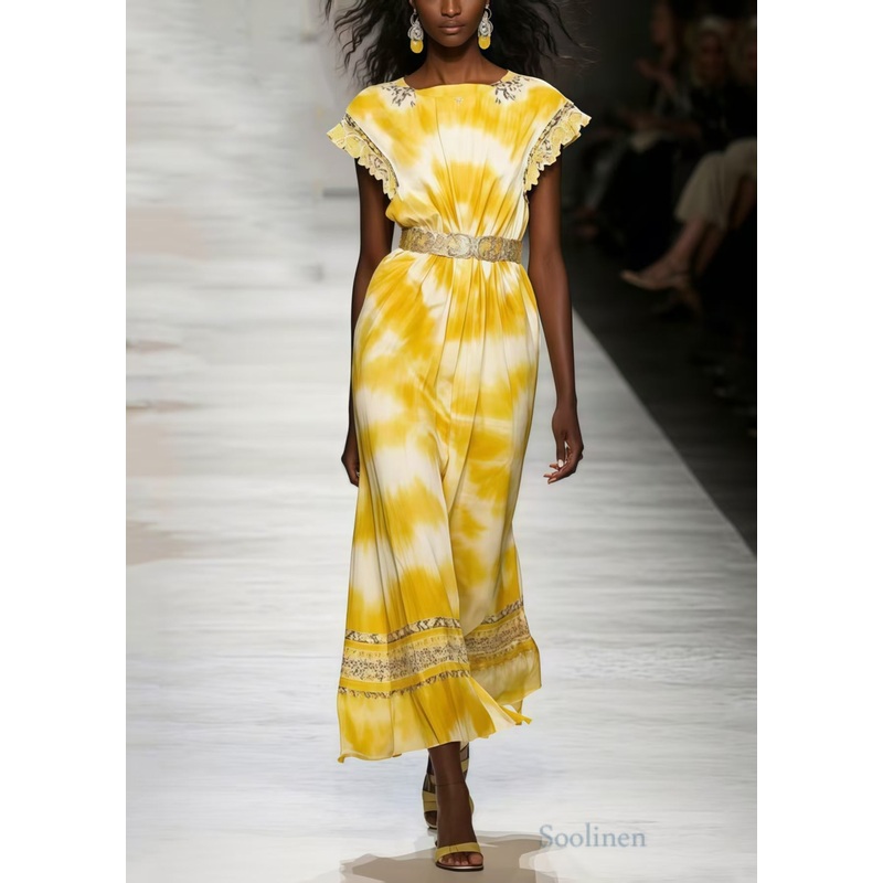 Women Yellow Tie Dye Chiffon Tunic Dresses Sleeveless