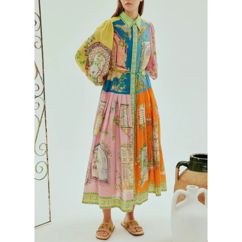 2025 Lantern Sleeve Graffiti Printed Wrinkled Lace Up Dress
