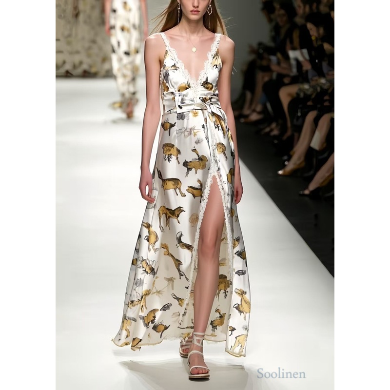 Art White Print Side Open Silk Cami Dresses Summer