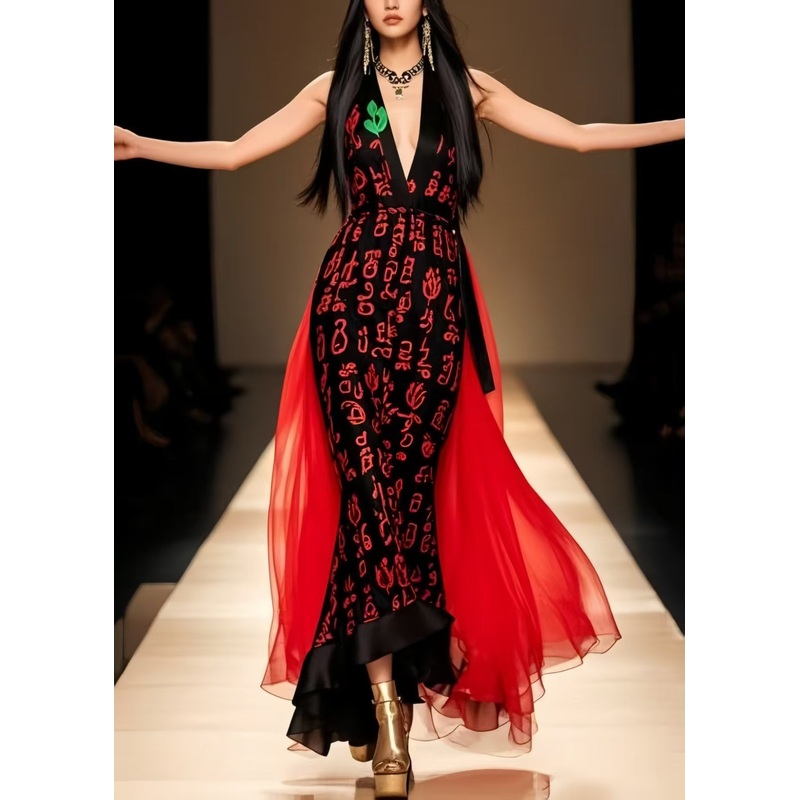 Beautiful Black V Neck Patchwork Chiffon Party Dress Summer