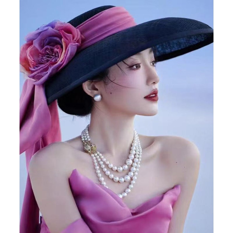 Black French Floral Bow Hat With A Large Brim