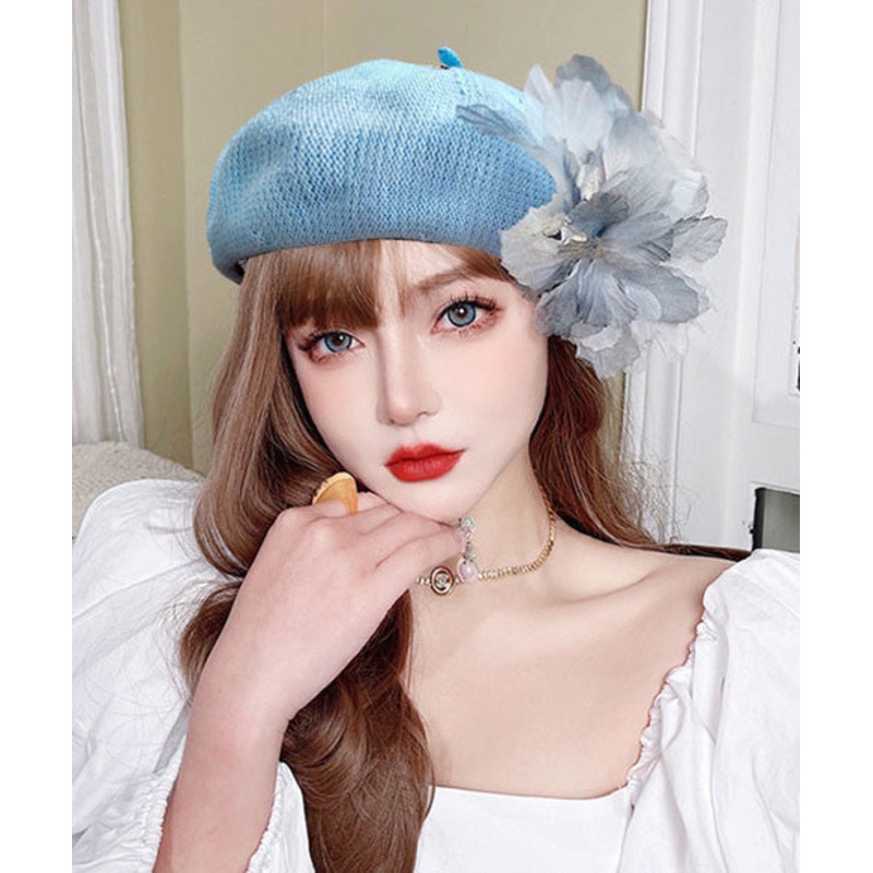 Blue Ink Wash Tulle Flower Beret Hat Breathable Mesh