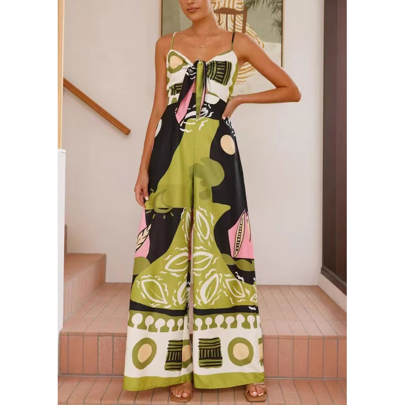 Bohemian Green Print Zippered Pockets Cotton Wide Leg Jumpsuit Sleeveless