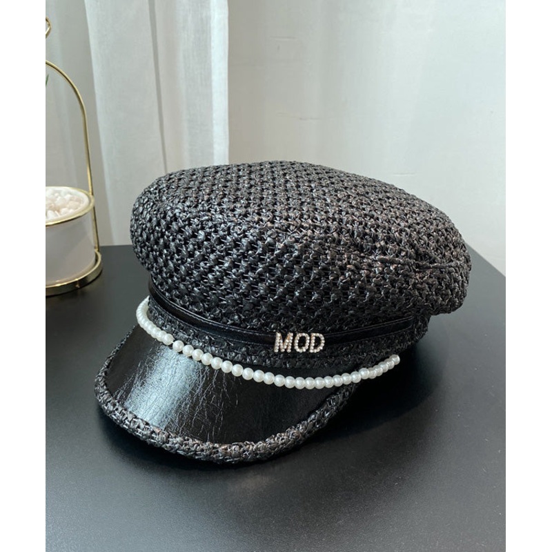 Boutique Black Nail Bead Zircon Straw Woven Beret Hat