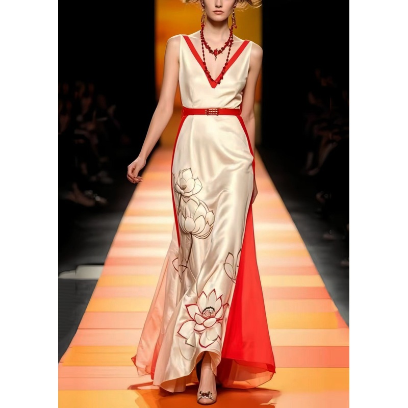 Women Apricot Cinched Patchwork Silk Vestidos Dress Sleeveless