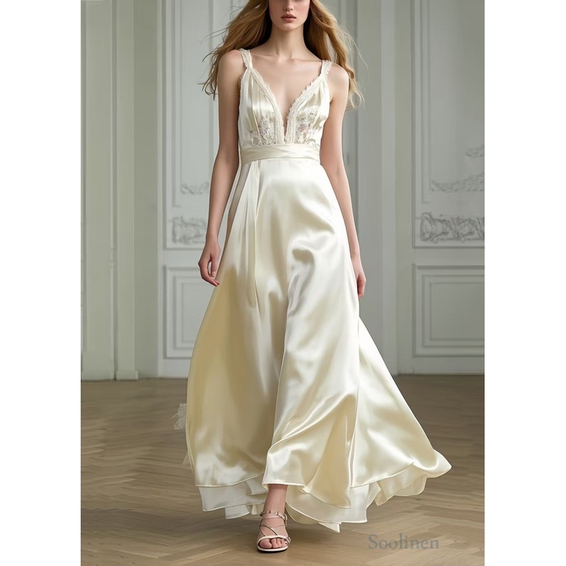 Women Milk White Exra Large Hem Draping Silk Party Dresses Summer
