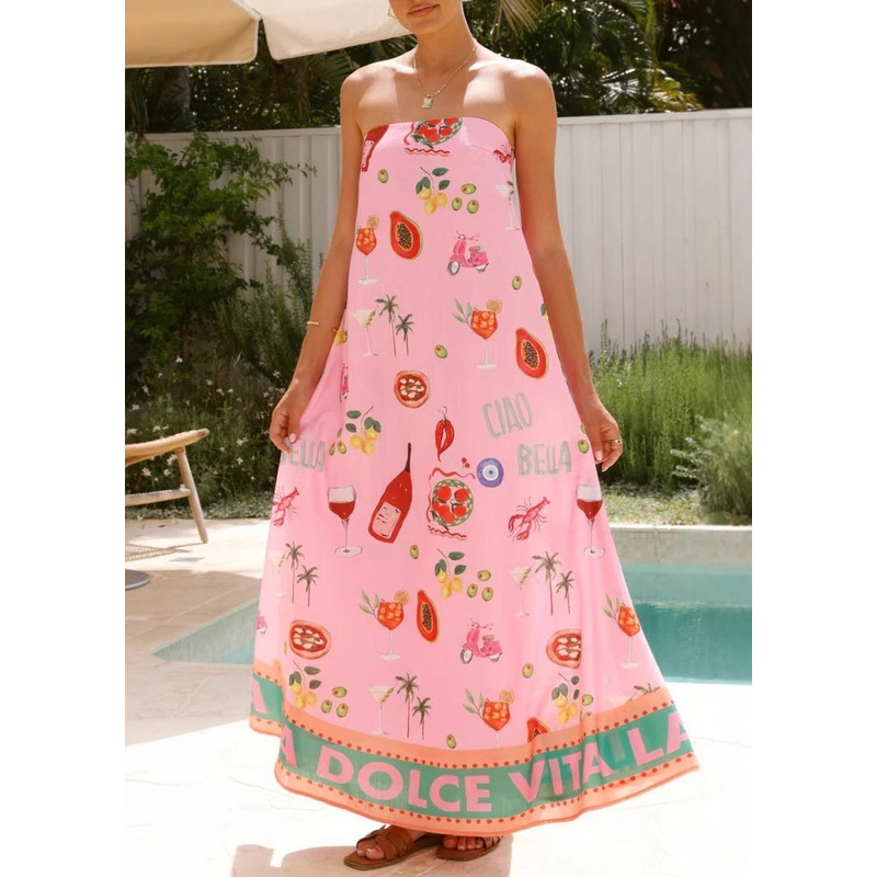 Women Pink Print Strapless Cotton Vacation Maxi Dress