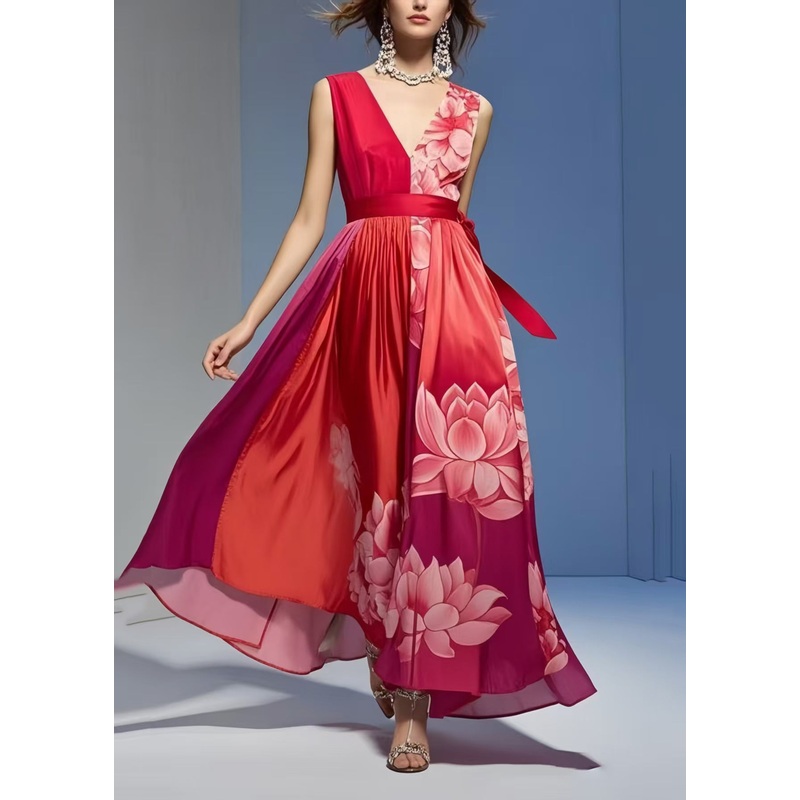 Women Red Print Exra Large Hem Silk Vacation Dresses Sleeveless