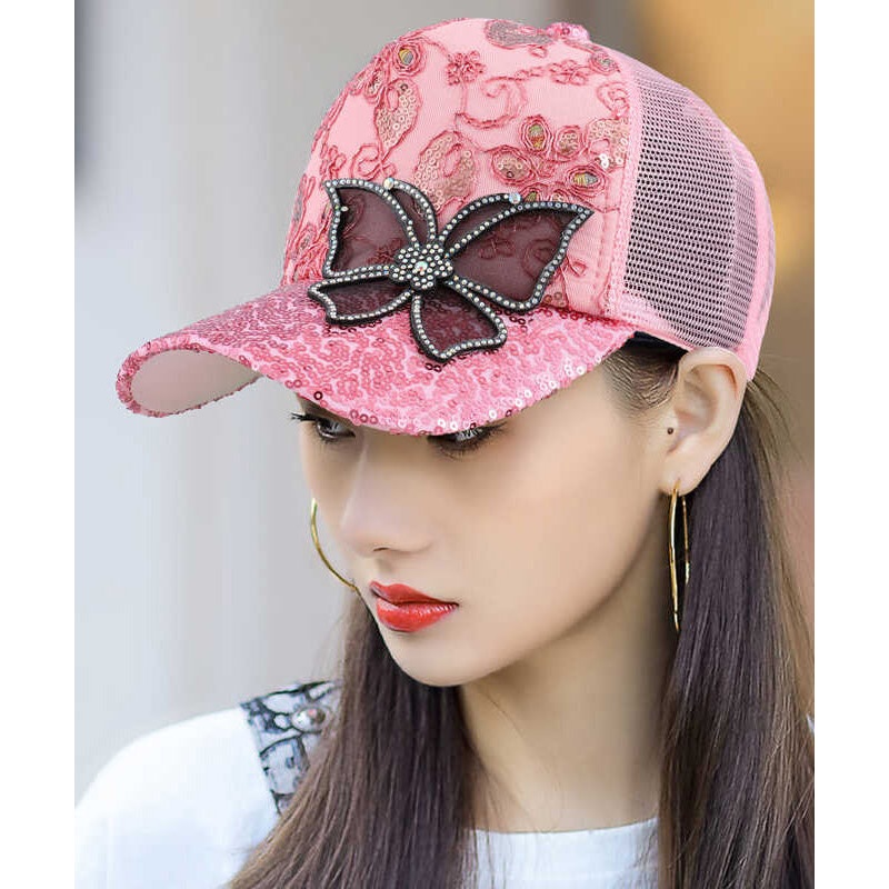 Women Summer Fashion Pink Mesh Zircon Butterfly Baseball Hat