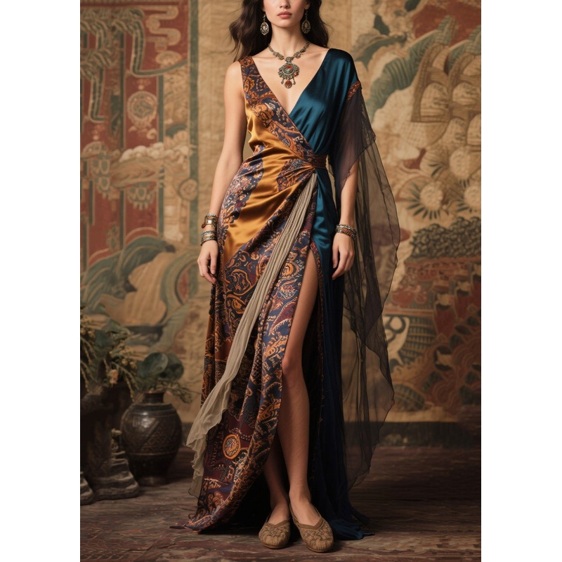 Art Asymmetrical Patchwork Side Open Silk Long Dresses Summer