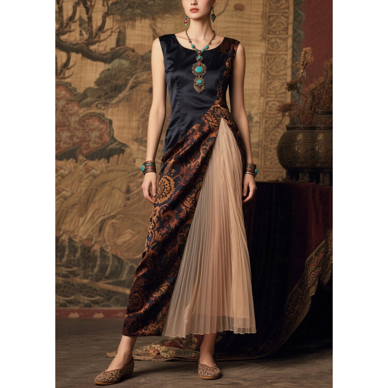 Art Black Side Open Patchwork Silk Vestidos Dresses Summer